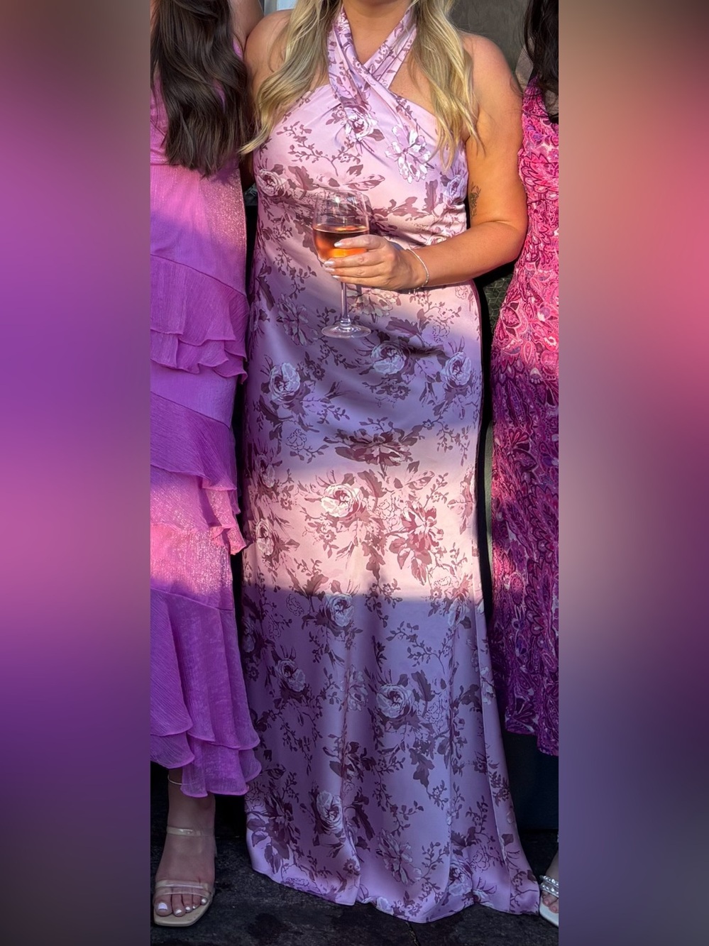 BHLDN Lavender-Pink Floral Satin Maxi Dress